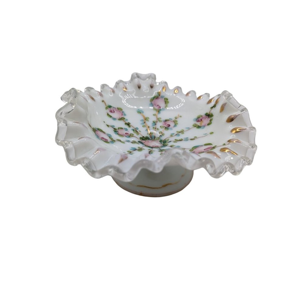 Fenton Silver Crest Charleton Rose Hand Painted Compote With Gold Trim - Picture 7 of 15